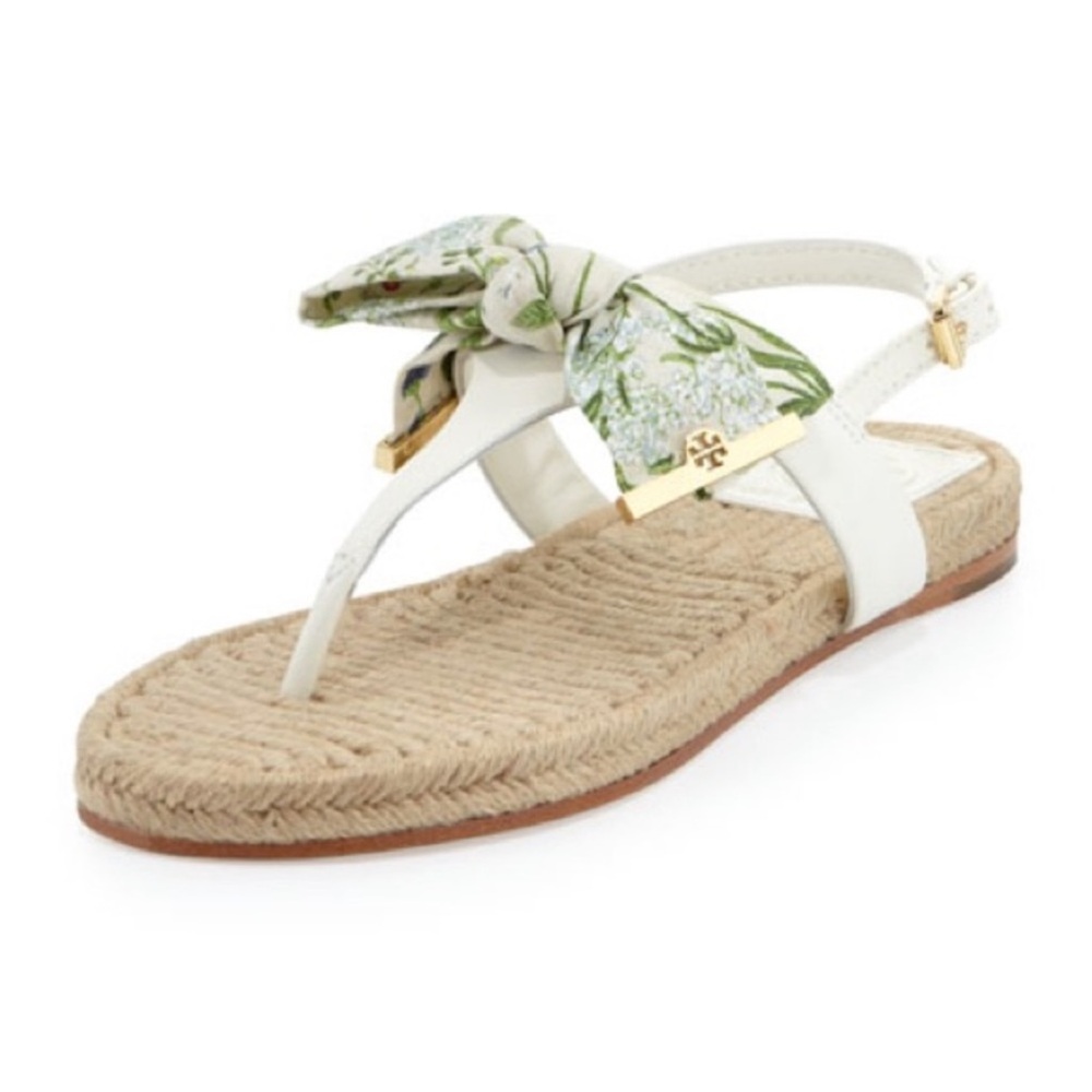 TORY BURCH Penny Floral Bow Thong Espadrille Sandals. Sz, 10.5.  Worn twice.